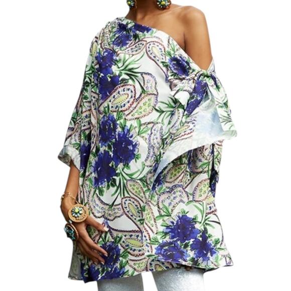 Badgley Mischka top Floral One shoulder blouse size Large L - Picture 1 of 8